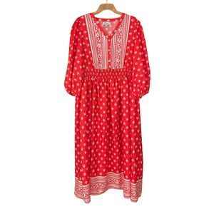 Polagram Midi Dress Size XXXL 3XL Red White Floral Balloon Sleeves Smocked Waist